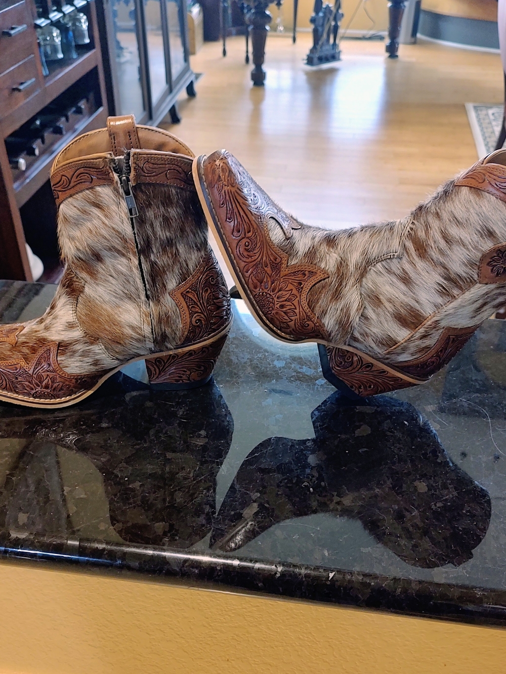 Myra Bag Brown and White Cowhide Tooled Ankle Boots